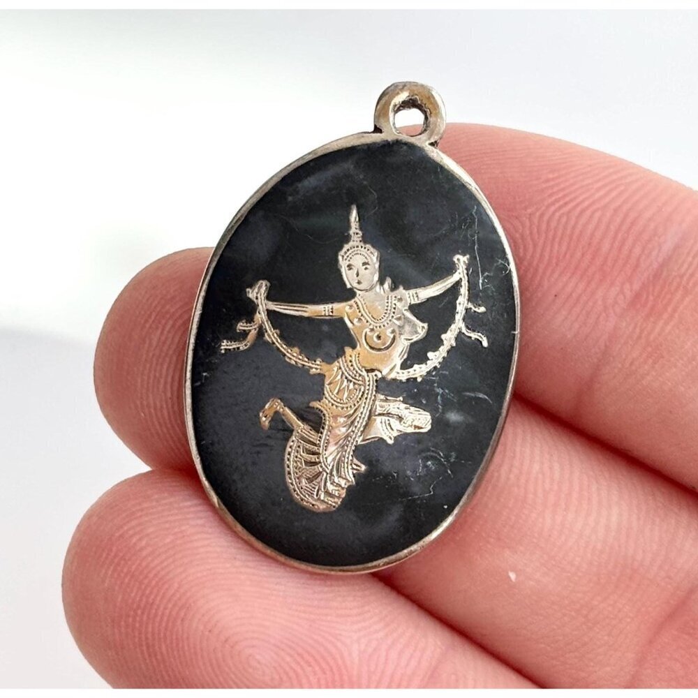 Dancing Angel Siam Sterling Silver 925 Vintage Thai Made Nielloware Brooch Pin